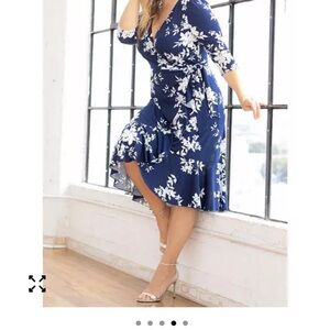 Flirty Midnight Blue and Ivory Floral Midi Wrap Dress